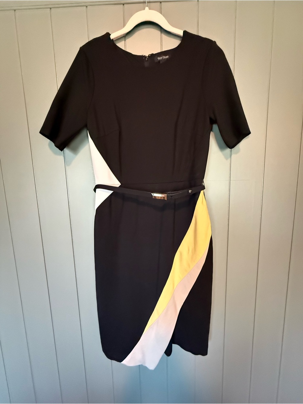 White House Black Market Black Colorblock Midi Dress with Yellow & White Panels